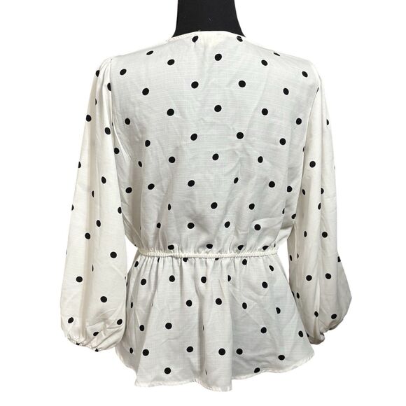 MERAKI Peplum Faux Wrap Blouse Long Sleeves White With Black Dots - Picture 5 of 11